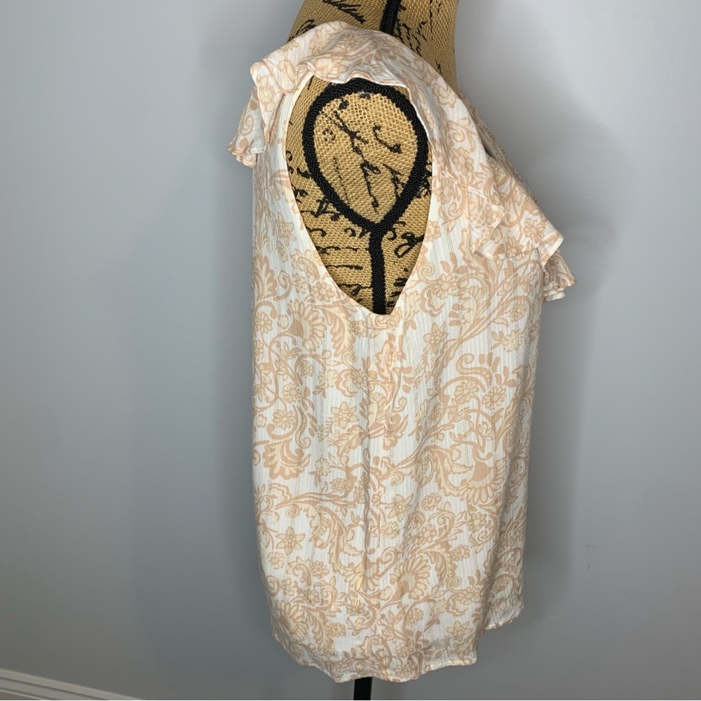 LOFT Shimmer Ruffle Sleeveless V-Neck Lined Shell with Tan Paisley Print - Picture 6 of 11